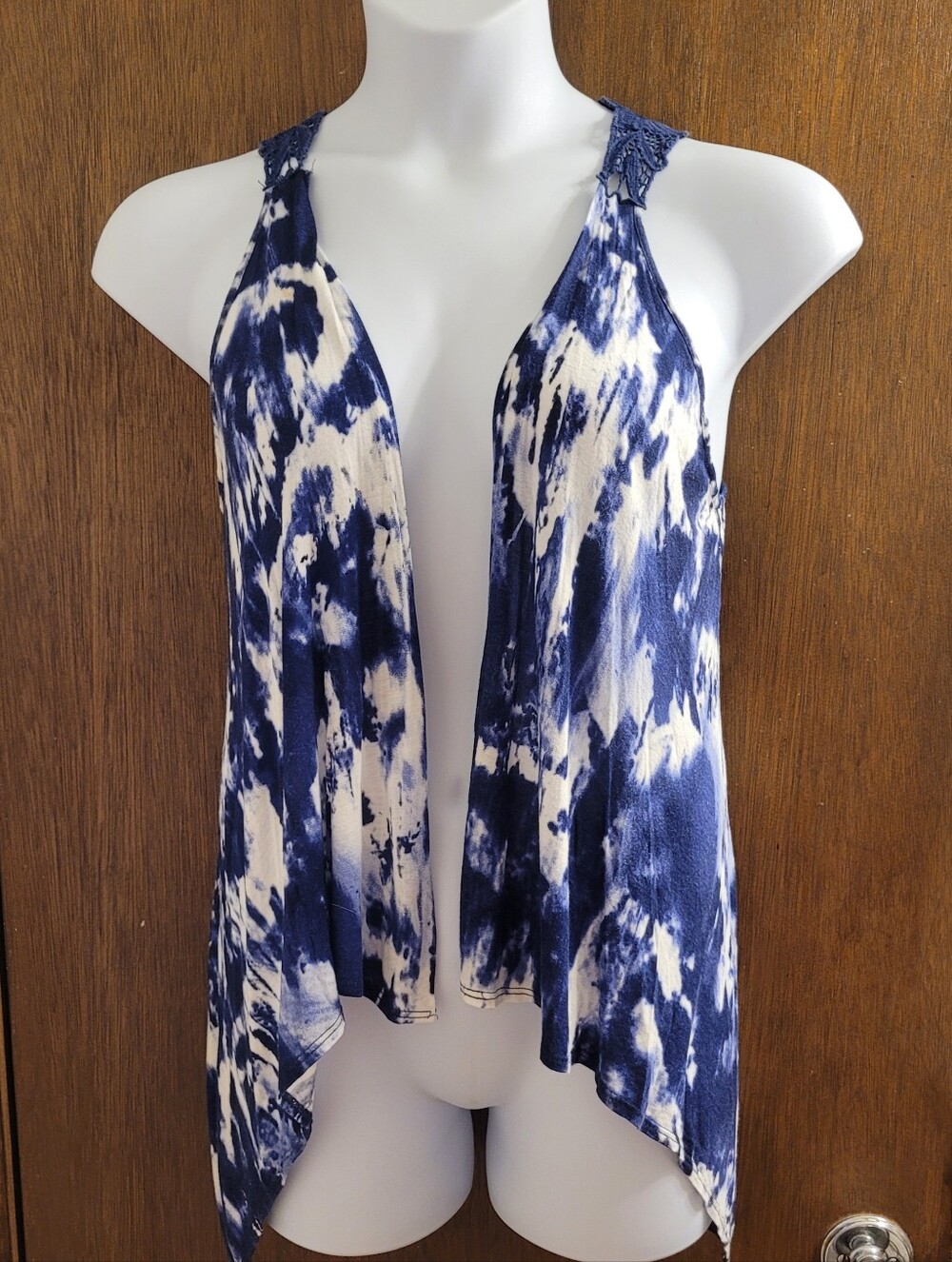 Vanity Tie‎ Dye Open Front Vest Sz M Blue White Crochet Lace Racerback Cover-up